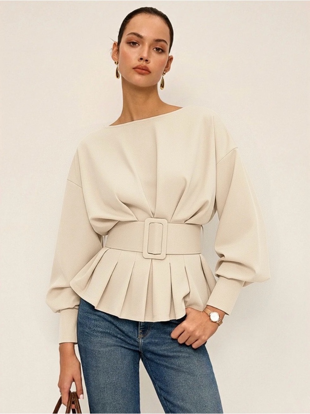 Commense Burgundy Pleated Belted Peplum Blouse | S